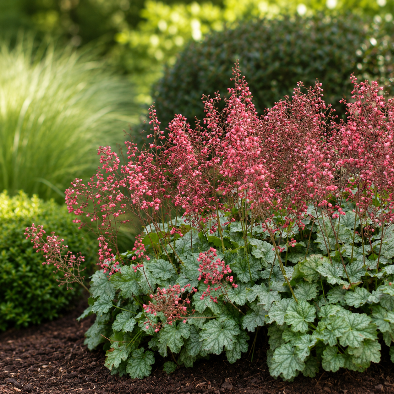 Heuchera „Paris” XL – ezüstös lombú tűzeső rózsaszín virágokkal