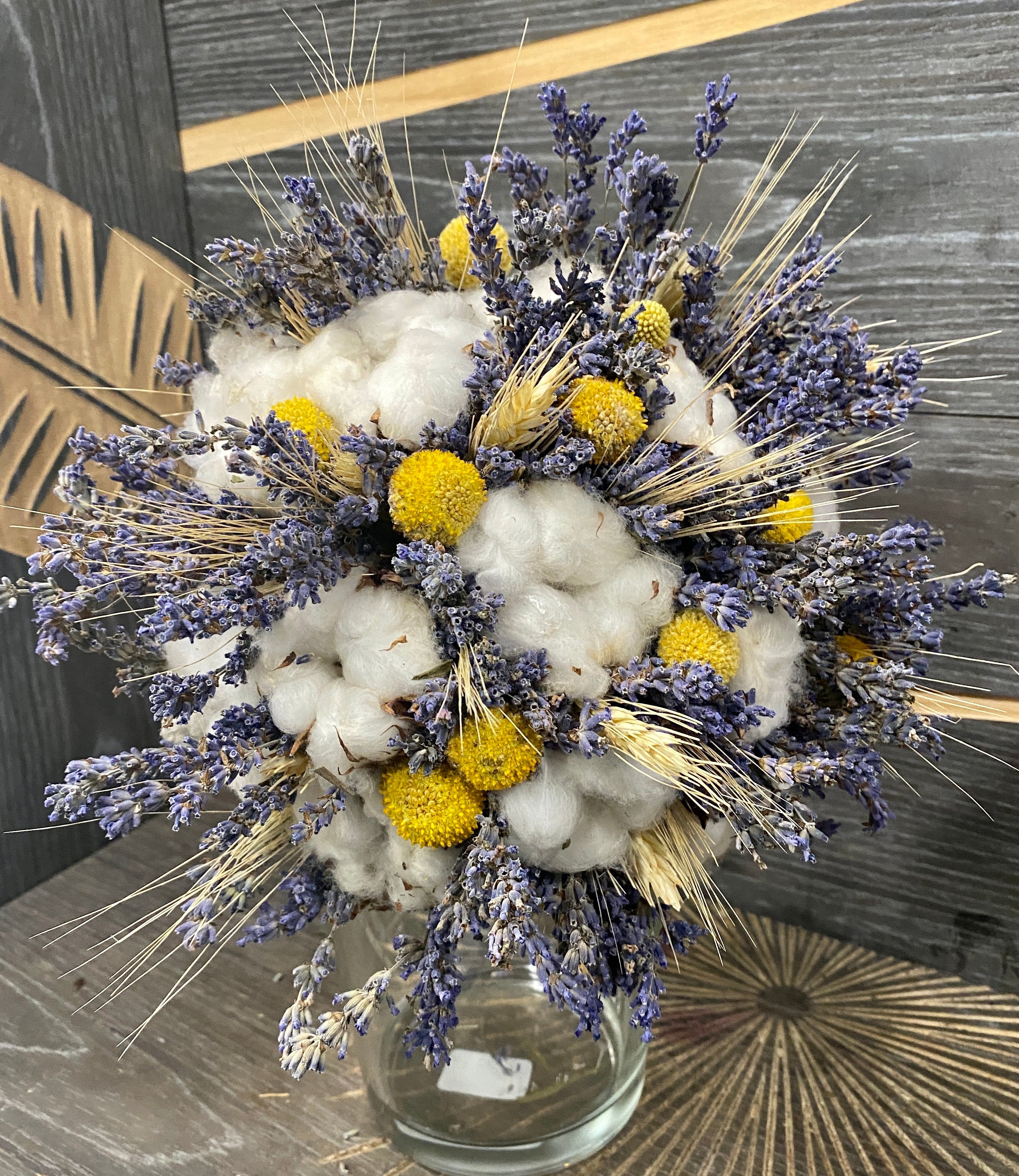 Buchet cununie rustic spice de grau, bumbac si craspedia
