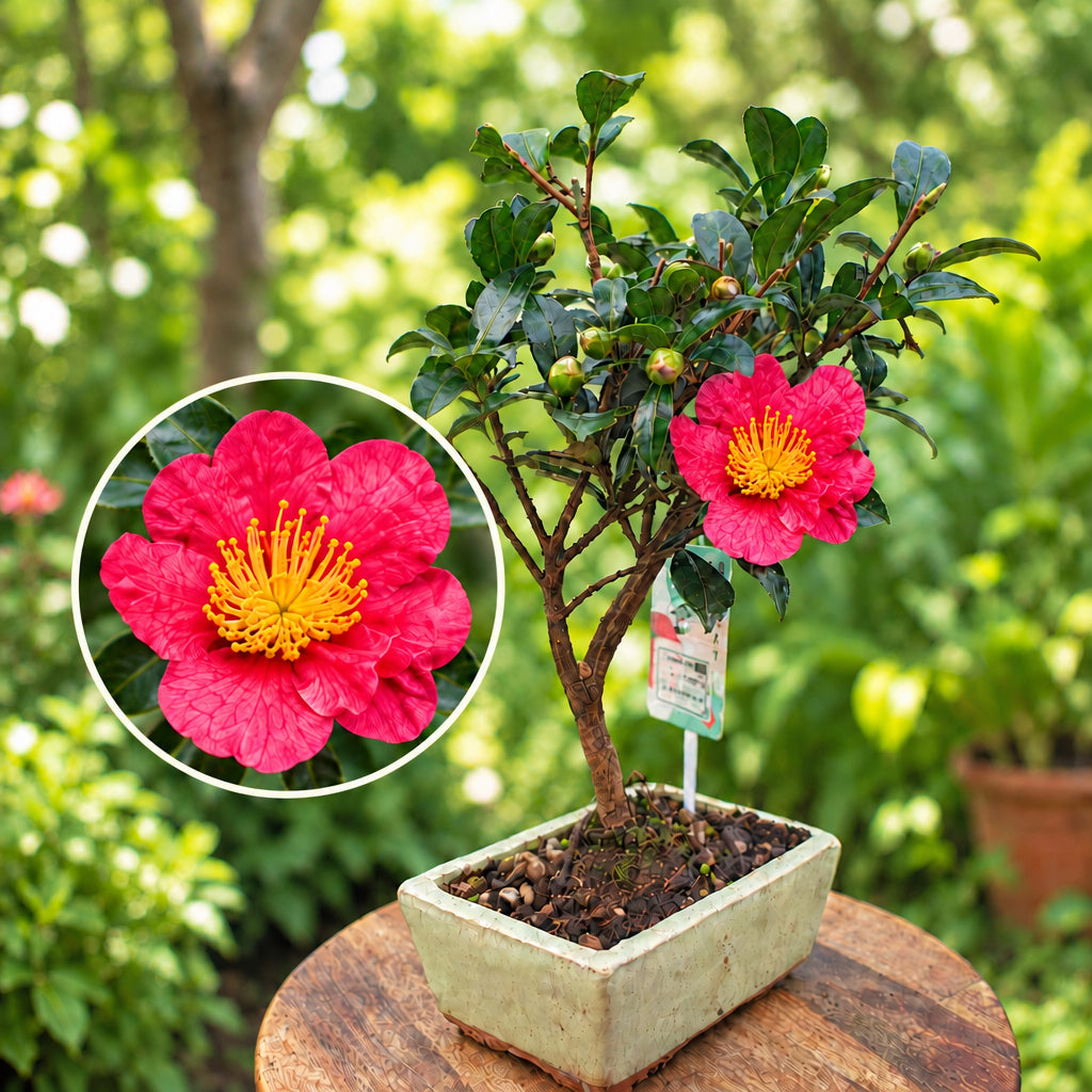 Bonsai Camellia sasanqua 'Yuletide' - kamelia jesienna w formie bonsai