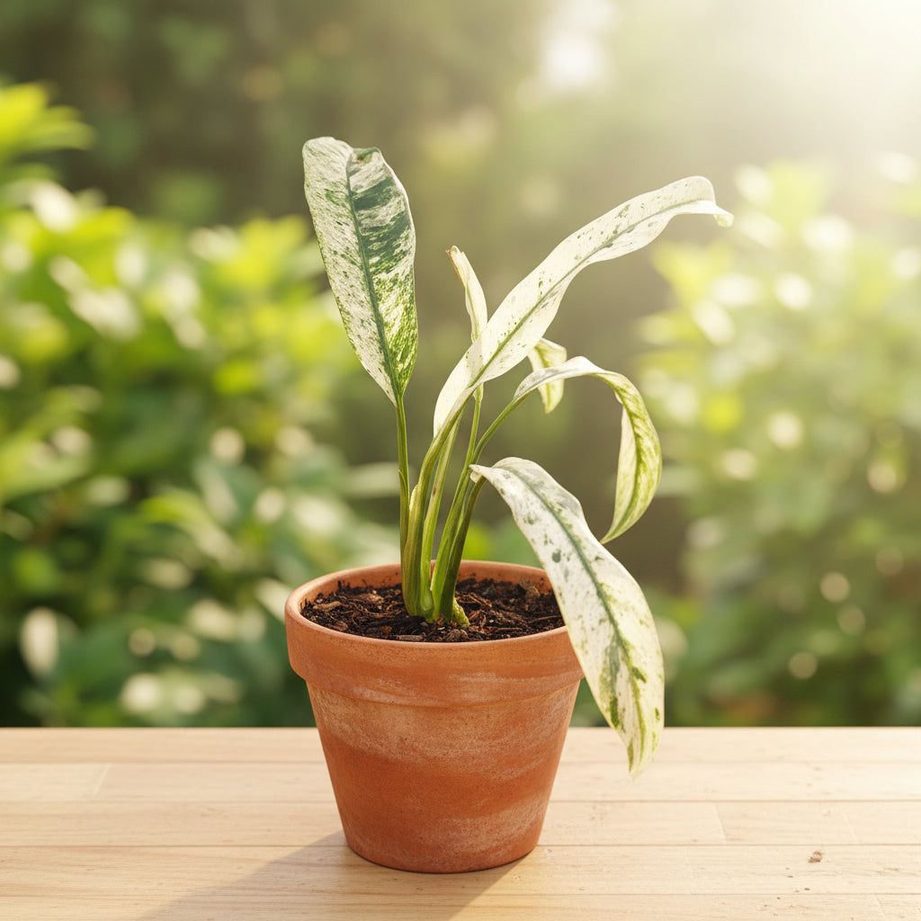 Rhaphidophora puberula ‘Variegata’ (strong variegation) – contrast puternic, efect tropical rar
