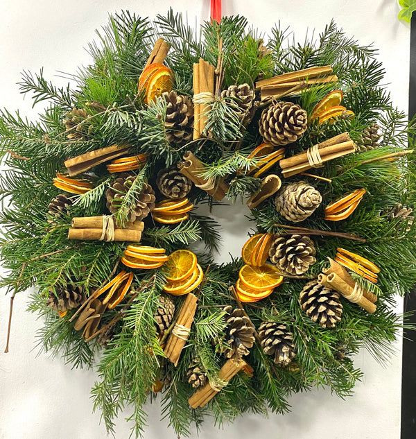 Natural fir wreath with Christmas ornaments